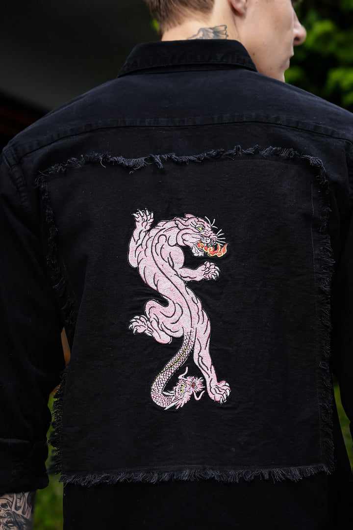 Denims : Pink Panther Patch Embroidery Black Shirt
