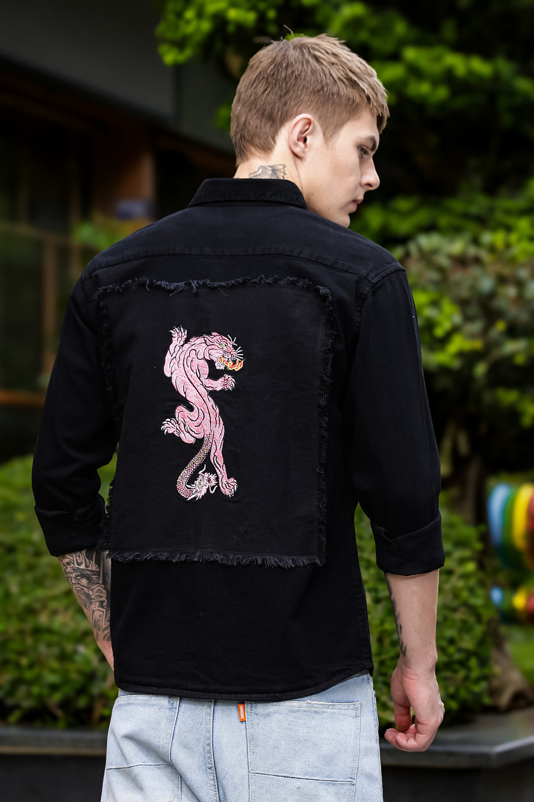 Denims : Pink Panther Patch Embroidery Black Shirt