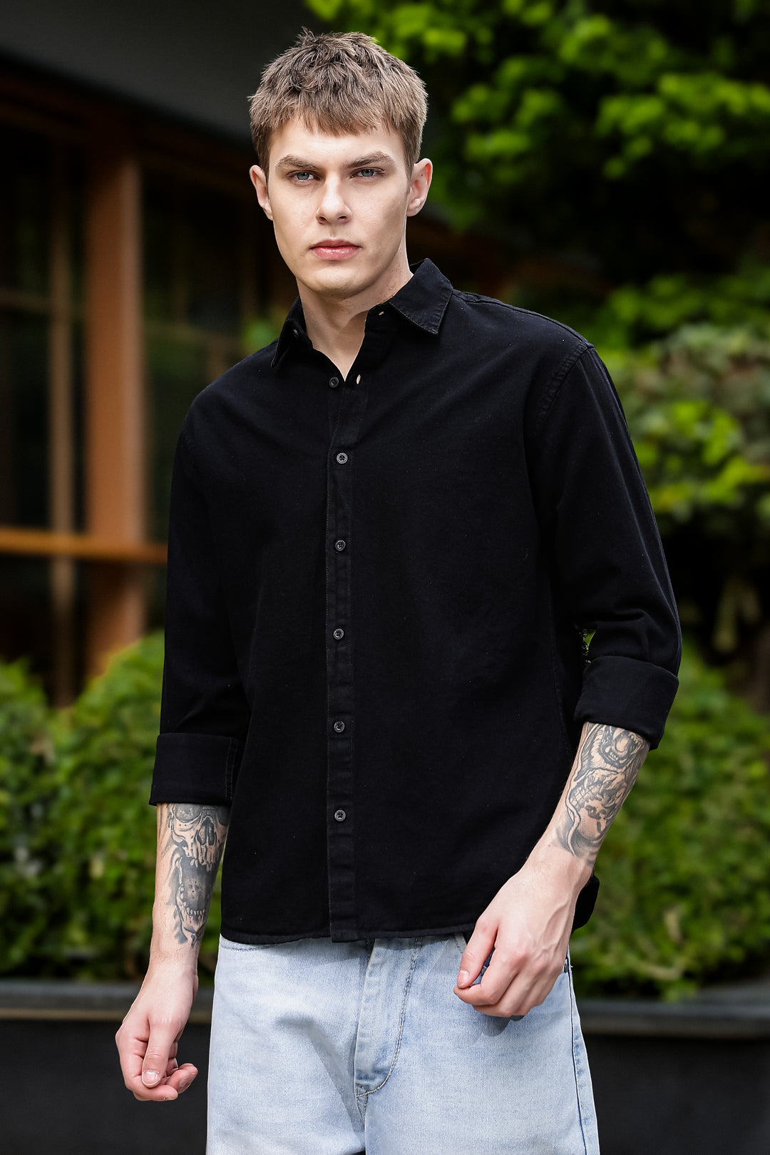 Denims : Pink Panther Patch Embroidery Black Shirt