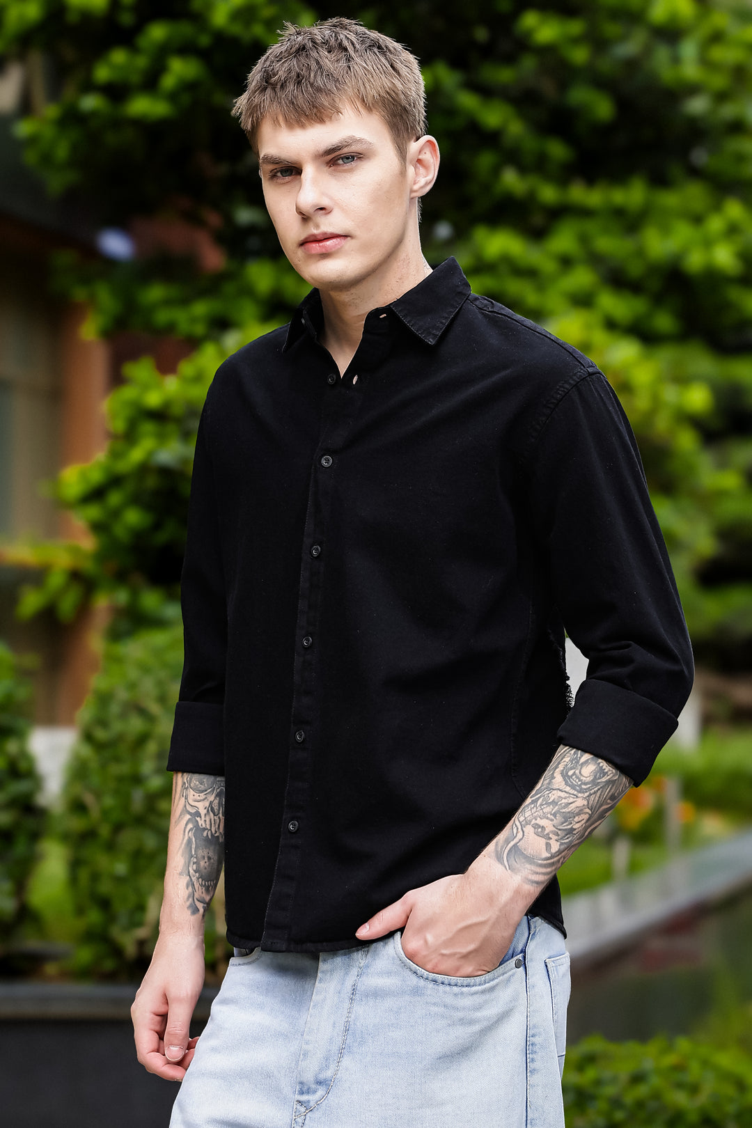 Denims : Pink Panther Patch Embroidery Black Shirt