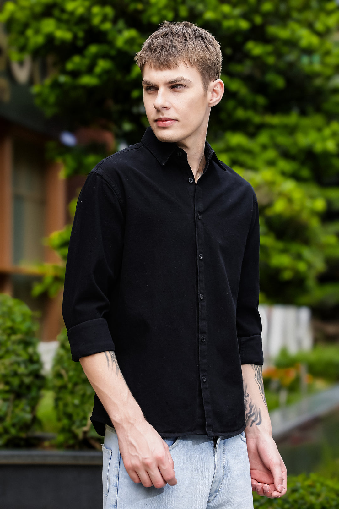 Denims : Pink Panther Patch Embroidery Black Shirt