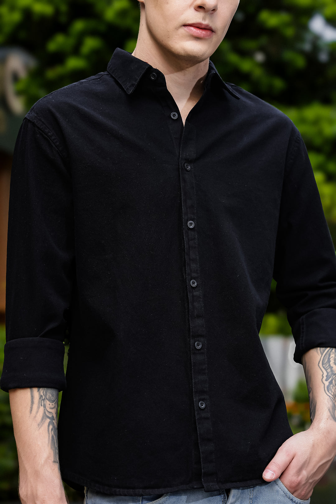 Denims : Pink Panther Patch Embroidery Black Shirt