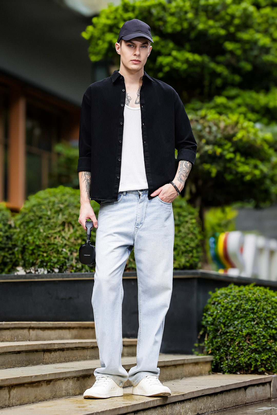 Denims : Pink Panther Patch Embroidery Black Shirt
