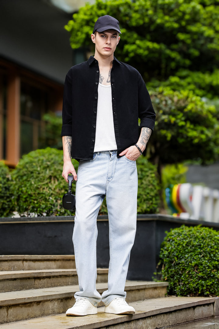 Denims : Pink Panther Patch Embroidery Black Shirt