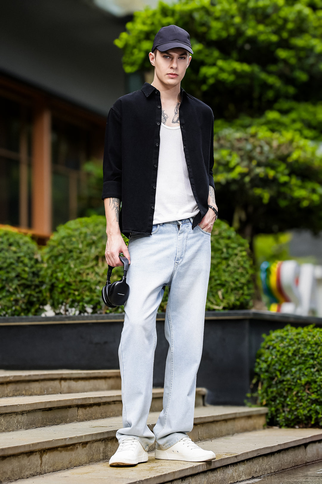 Denims : Pink Panther Patch Embroidery Black Shirt