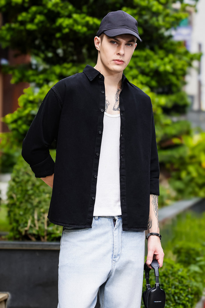 Denims : Pink Panther Patch Embroidery Black Shirt