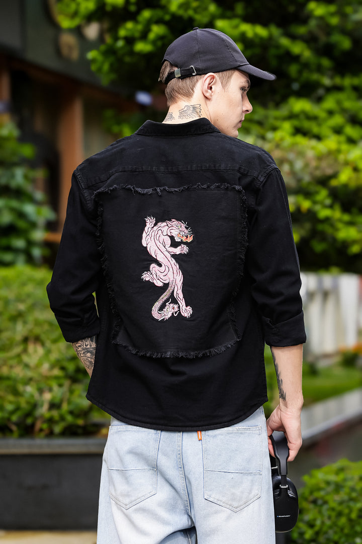 Denims : Pink Panther Patch Embroidery Black Shirt