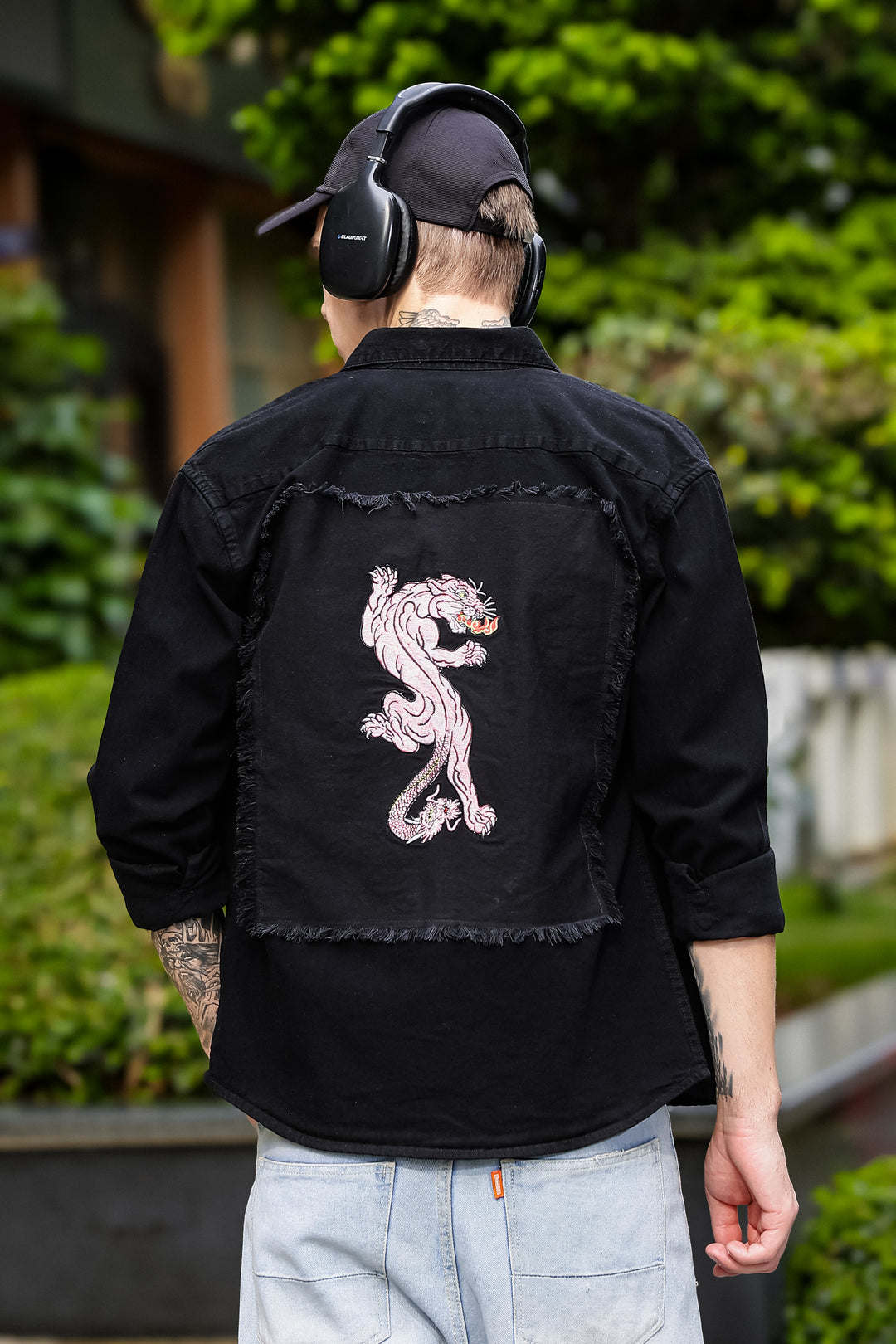 Denims : Pink Panther Patch Embroidery Black Shirt