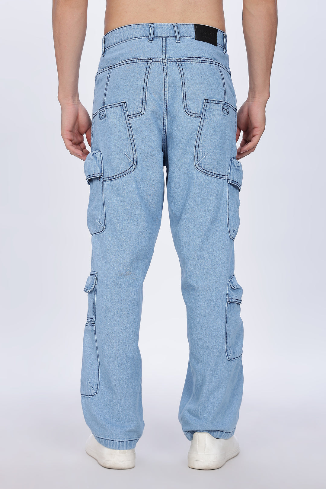 Contrast Stitch: Ice Blue Denim Cargo Pants