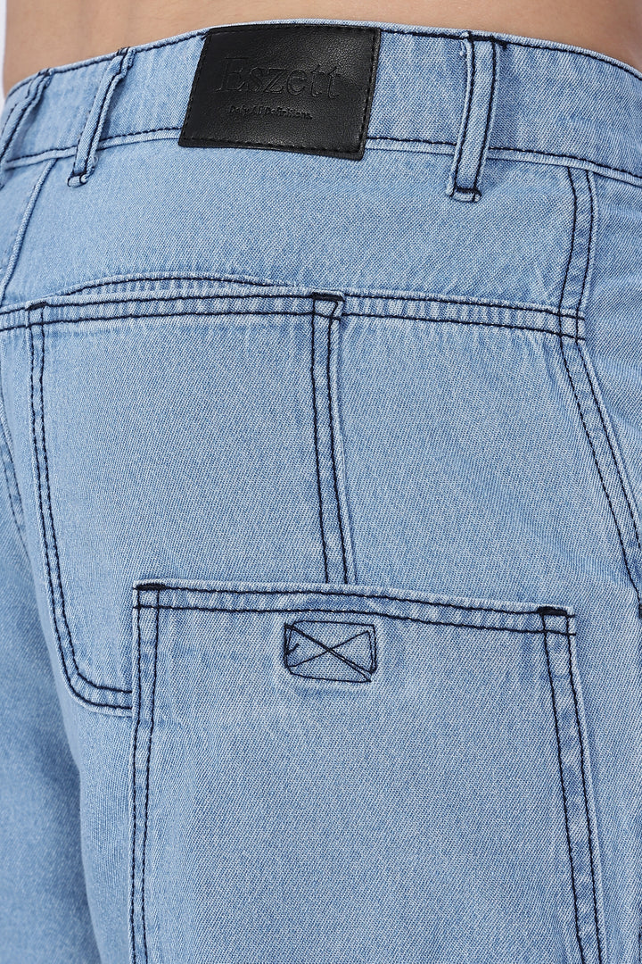 Contrast Stitch: Ice Blue Denim Cargo Pants