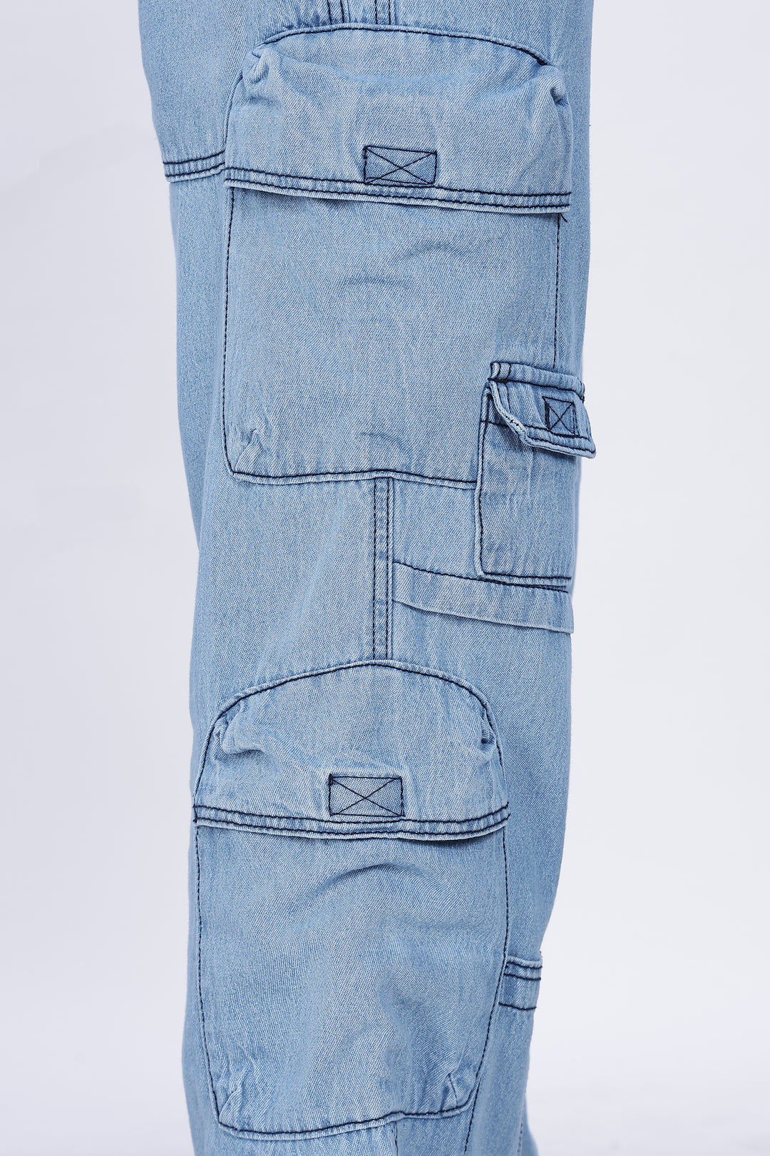 Contrast Stitch: Ice Blue Denim Cargo Pants