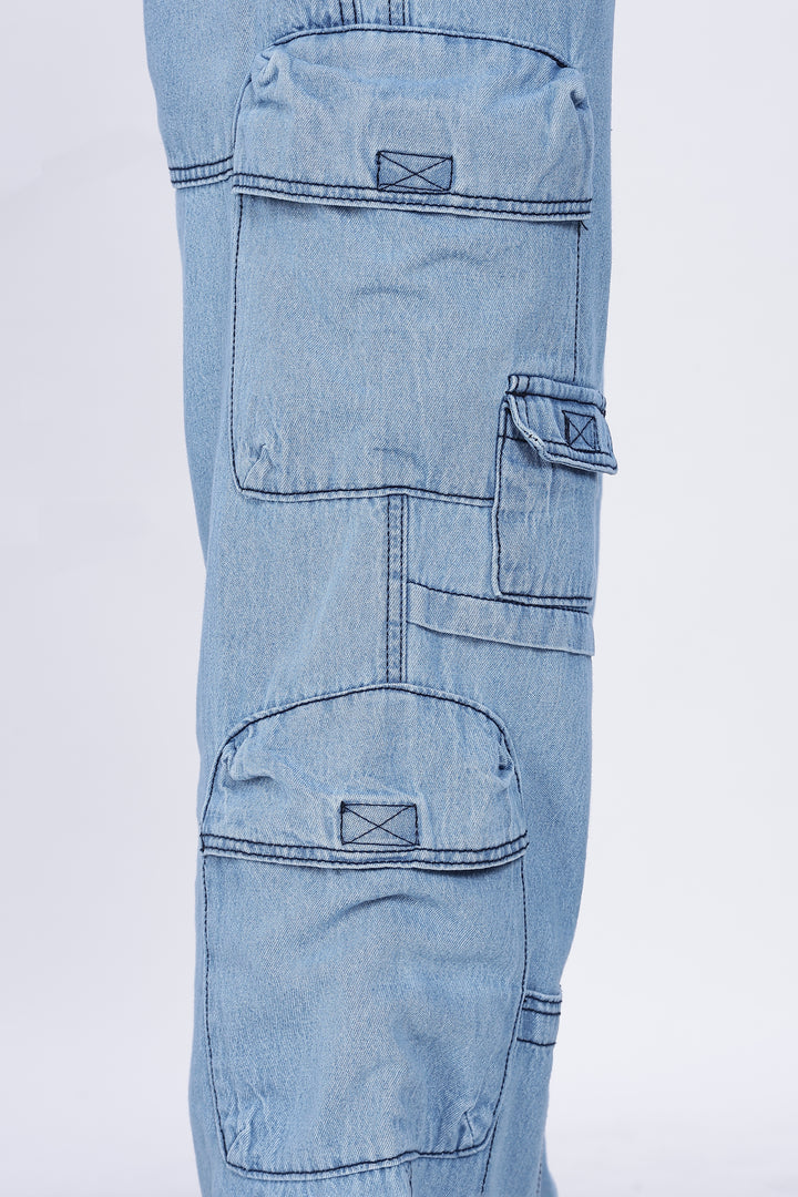Contrast Stitch: Ice Blue Denim Cargo Pants