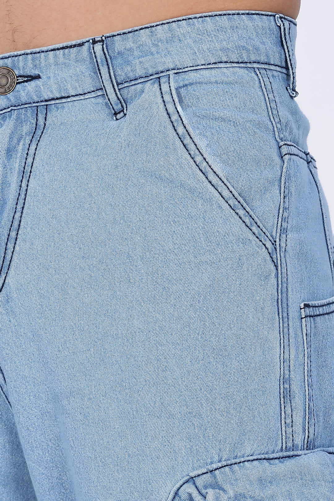 Contrast Stitch: Ice Blue Denim Cargo Pants
