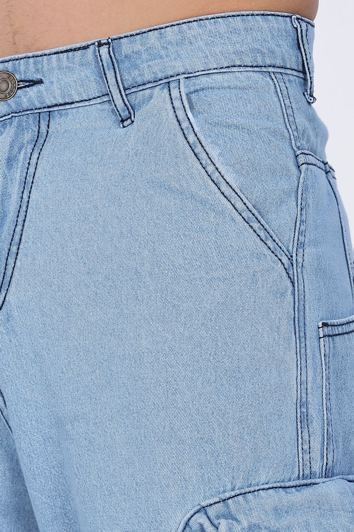 Contrast Stitch: Ice Blue Denim Cargo Pants