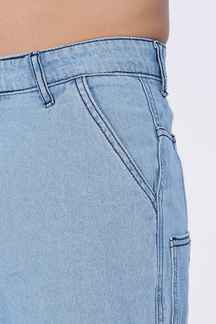Contrast Stitch: Ice Blue Denim Cargo Pants
