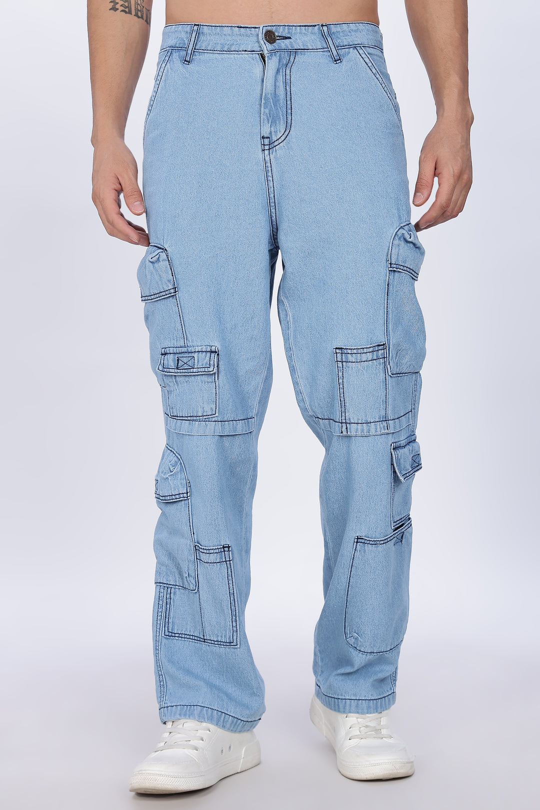 Contrast Stitch: Ice Blue Denim Cargo Pants