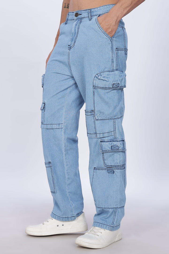 Contrast Stitch: Ice Blue Denim Cargo Pants