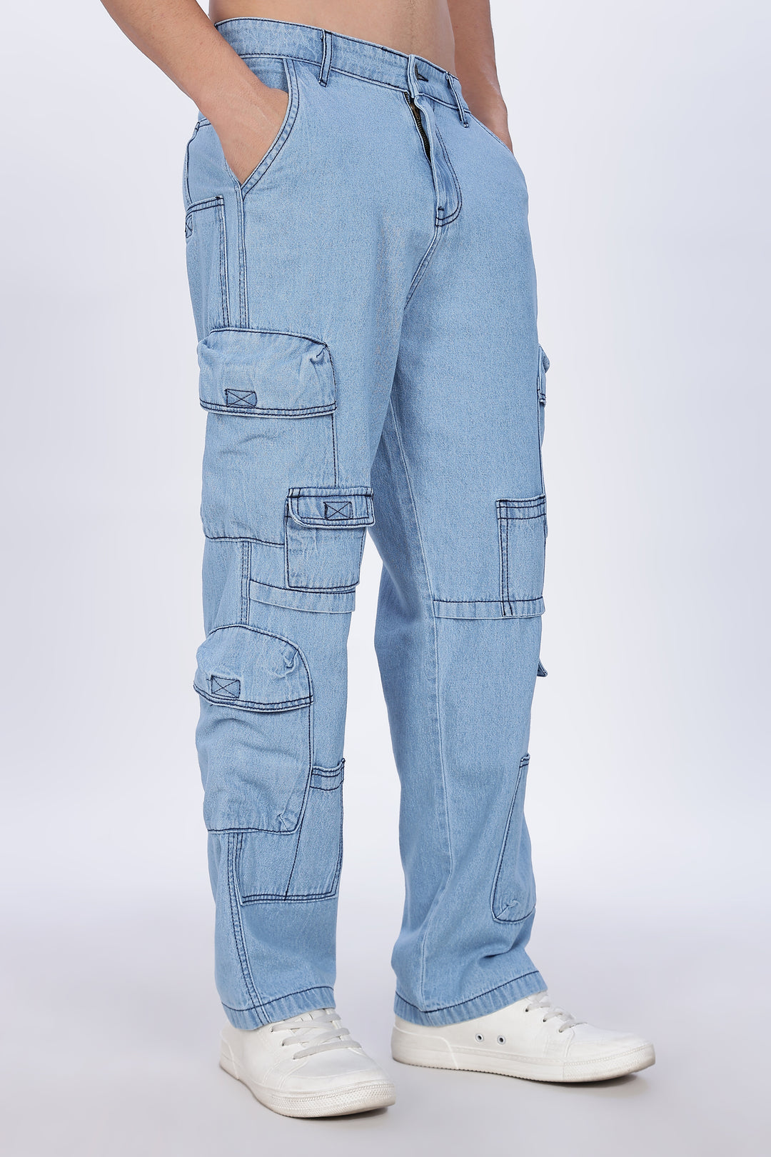 Contrast Stitch: Ice Blue Denim Cargo Pants