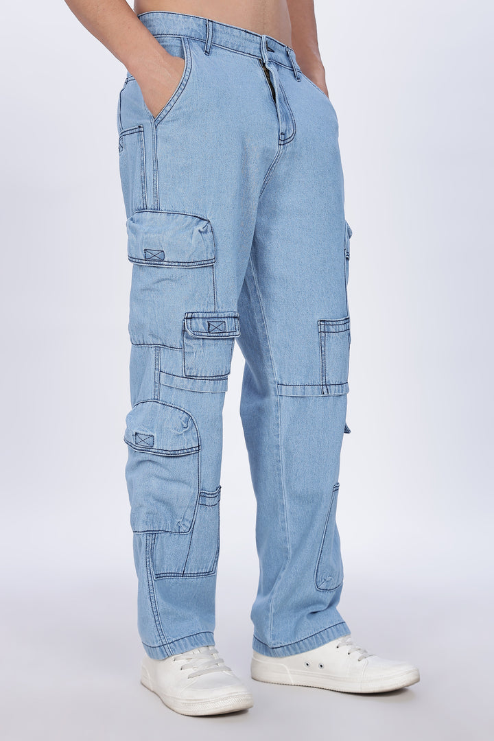 Contrast Stitch: Ice Blue Denim Cargo Pants