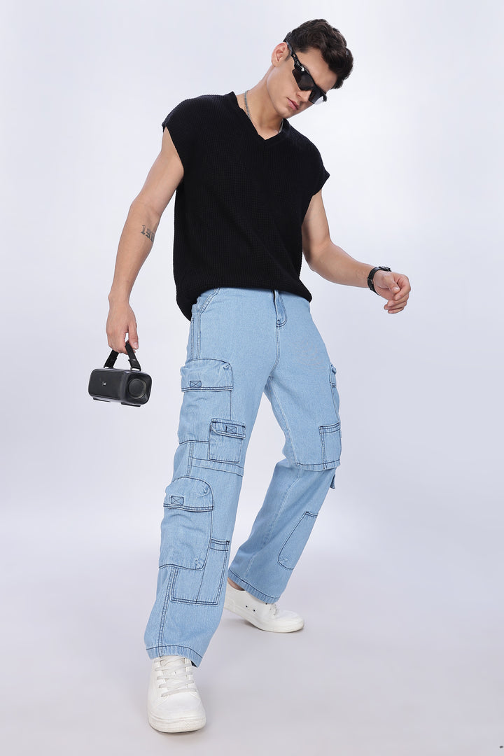 Contrast Stitch: Ice Blue Denim Cargo Pants