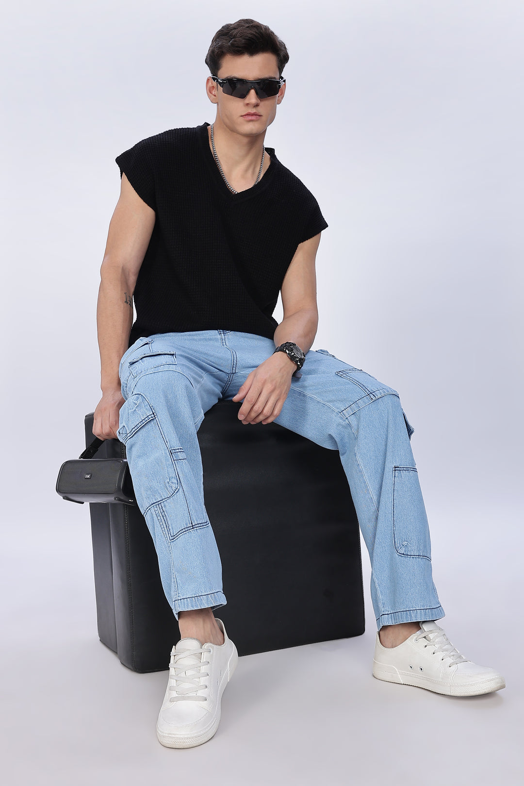 Contrast Stitch: Ice Blue Denim Cargo Pants