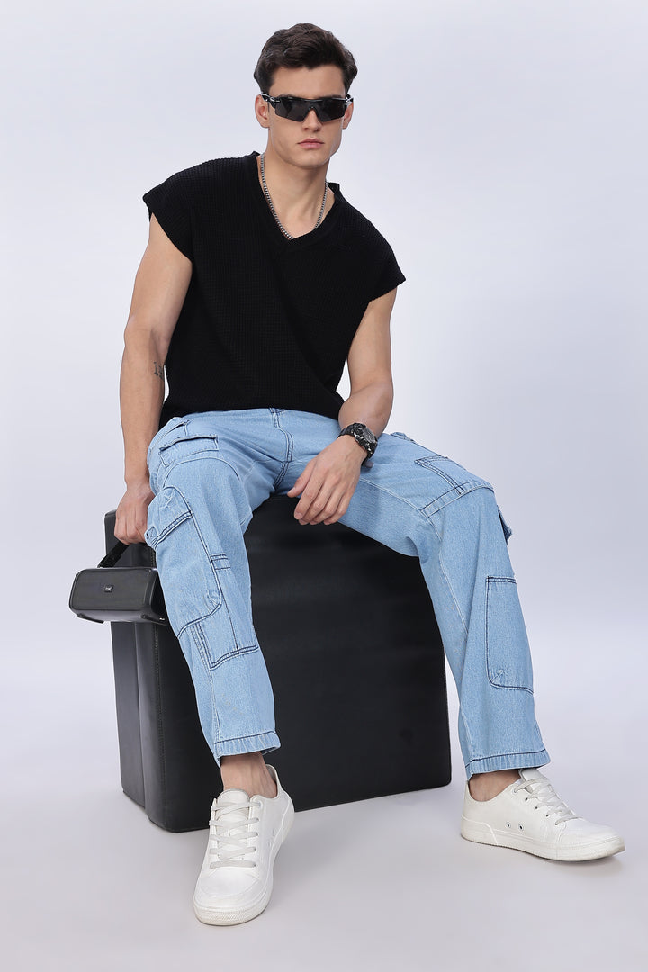 Contrast Stitch: Ice Blue Denim Cargo Pants