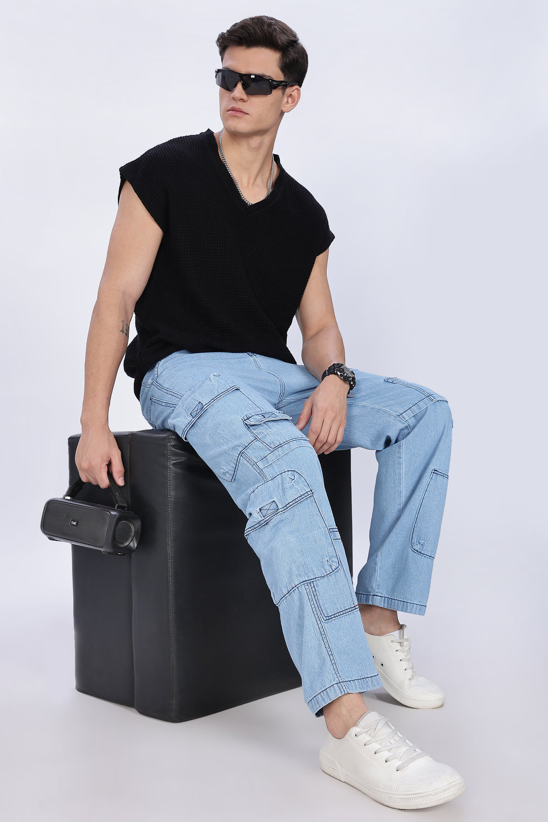 Contrast Stitch: Ice Blue Denim Cargo Pants