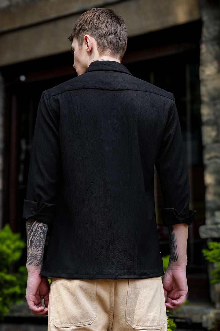 Threadwork Cross Stitch Embroidery Textured Fabric Black Shirt