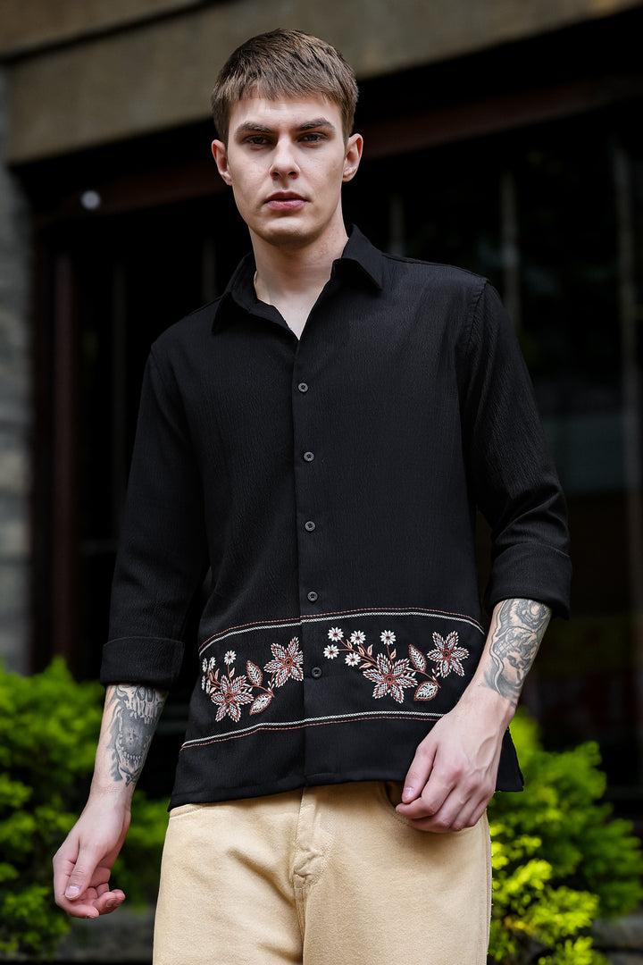 Threadwork Cross Stitch Embroidery Textured Fabric Black Shirt