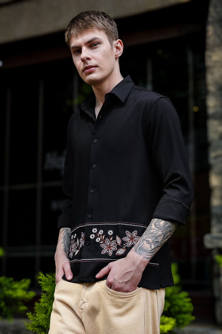 Threadwork Cross Stitch Embroidery Textured Fabric Black Shirt