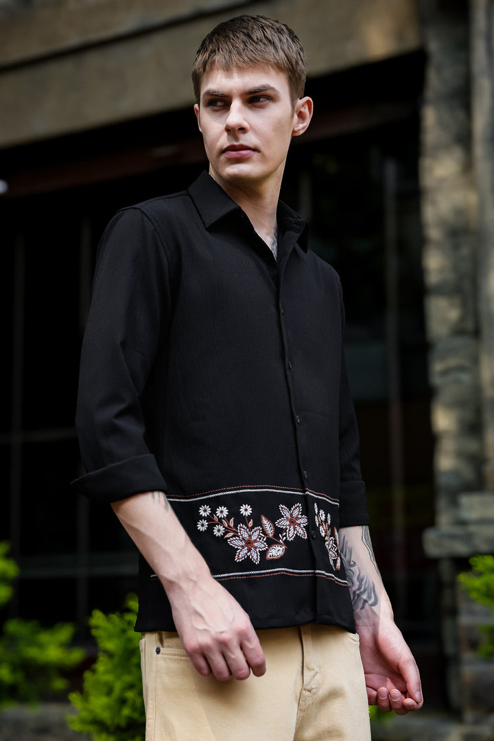 Threadwork Cross Stitch Embroidery Textured Fabric Black Shirt