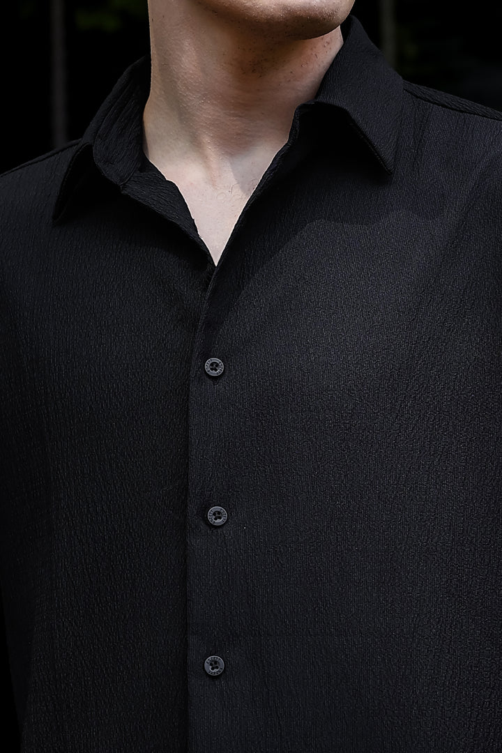 Threadwork Cross Stitch Embroidery Textured Fabric Black Shirt