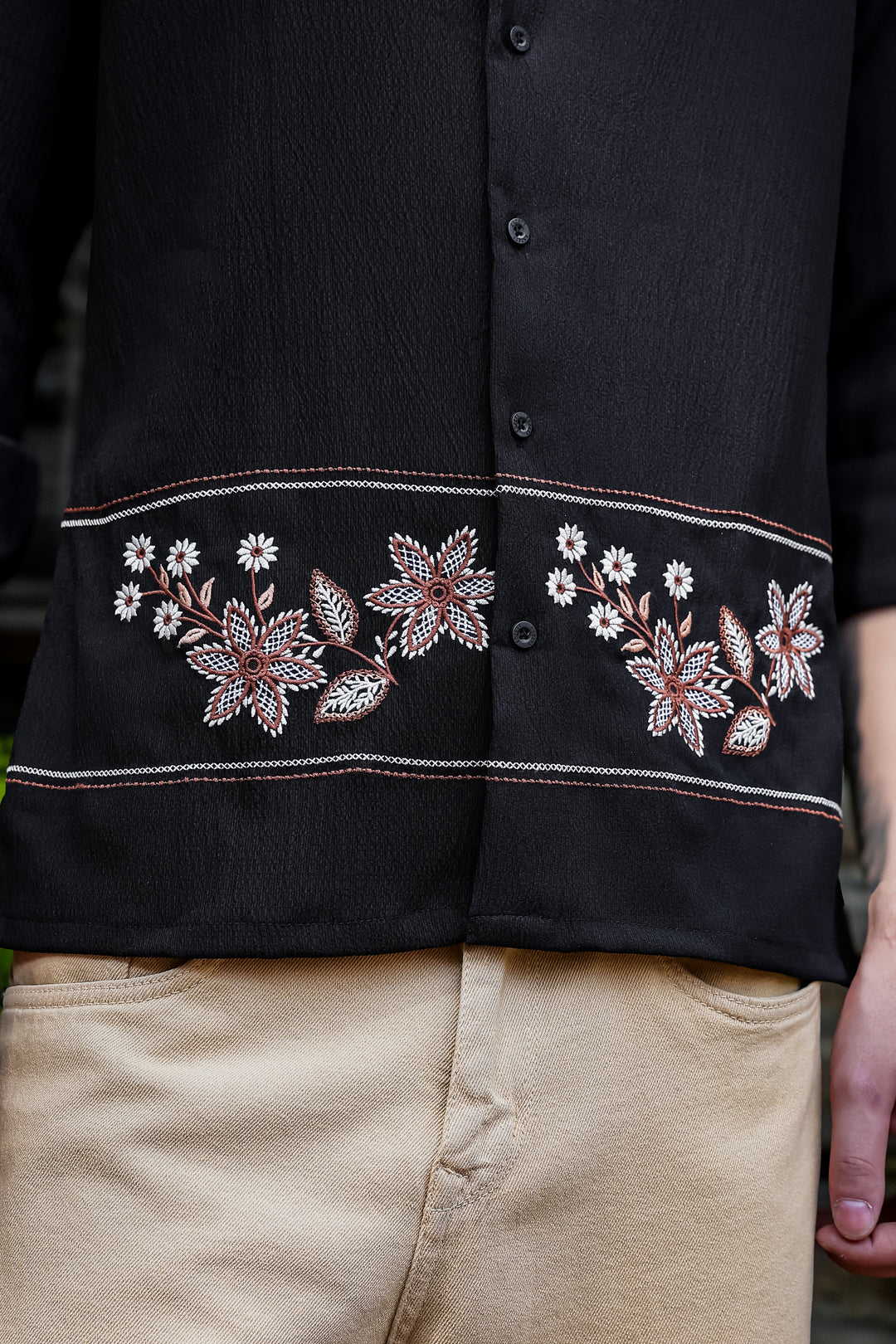 Threadwork Cross Stitch Embroidery Textured Fabric Black Shirt