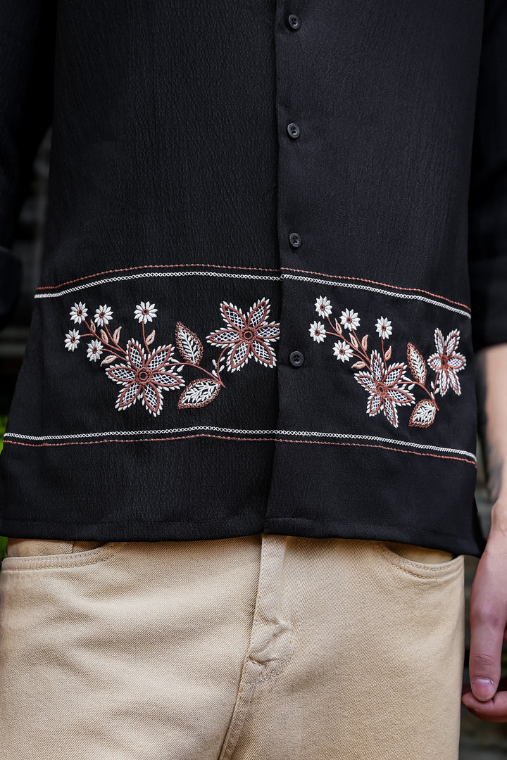 Threadwork Cross Stitch Embroidery Textured Fabric Black Shirt