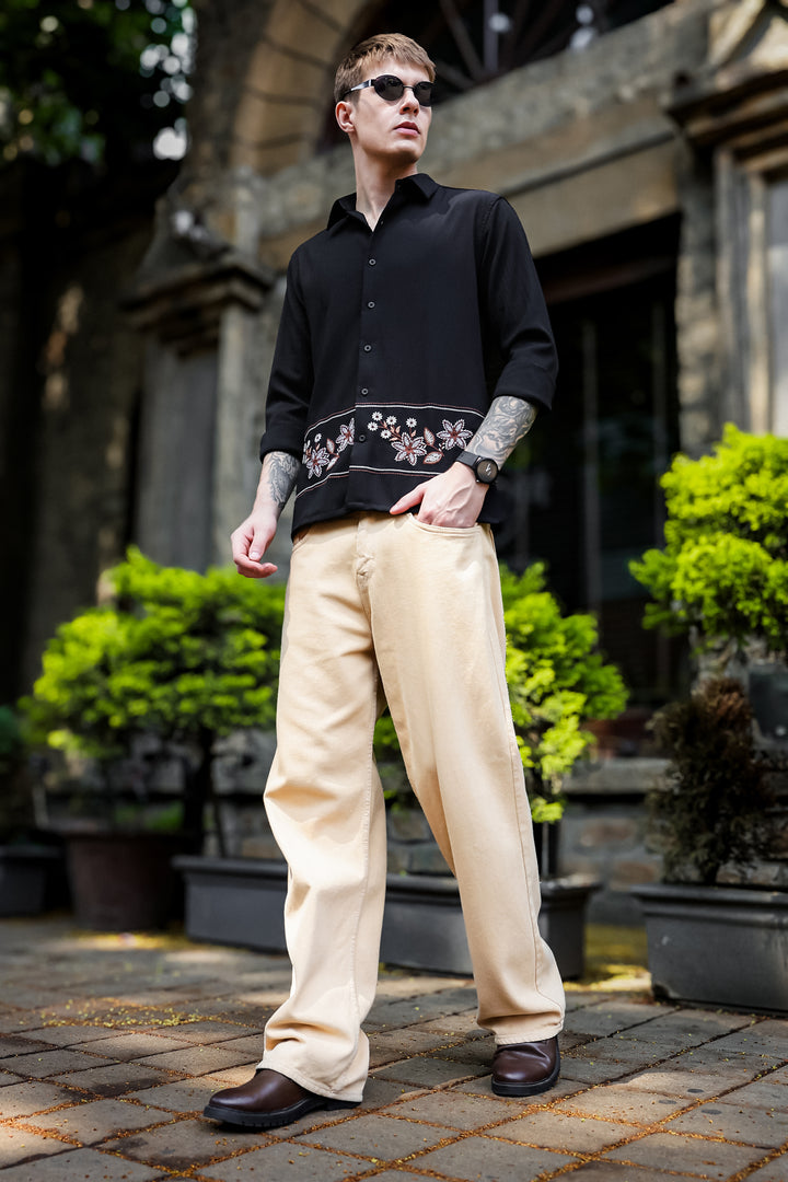 Threadwork Cross Stitch Embroidery Textured Fabric Black Shirt