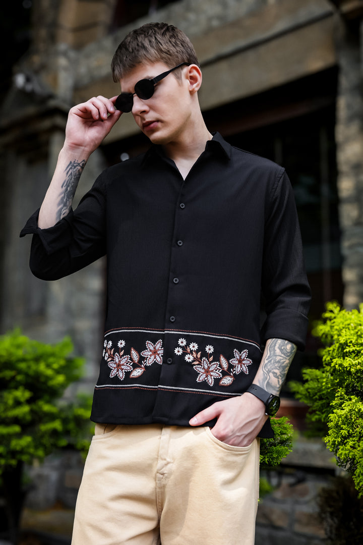 Threadwork Cross Stitch Embroidery Textured Fabric Black Shirt