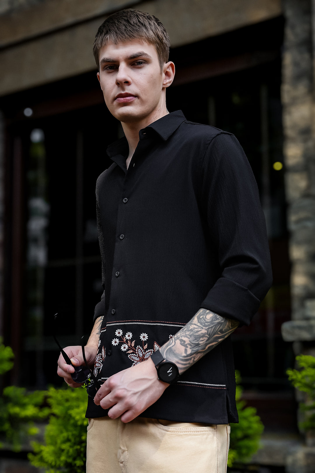 Threadwork Cross Stitch Embroidery Textured Fabric Black Shirt