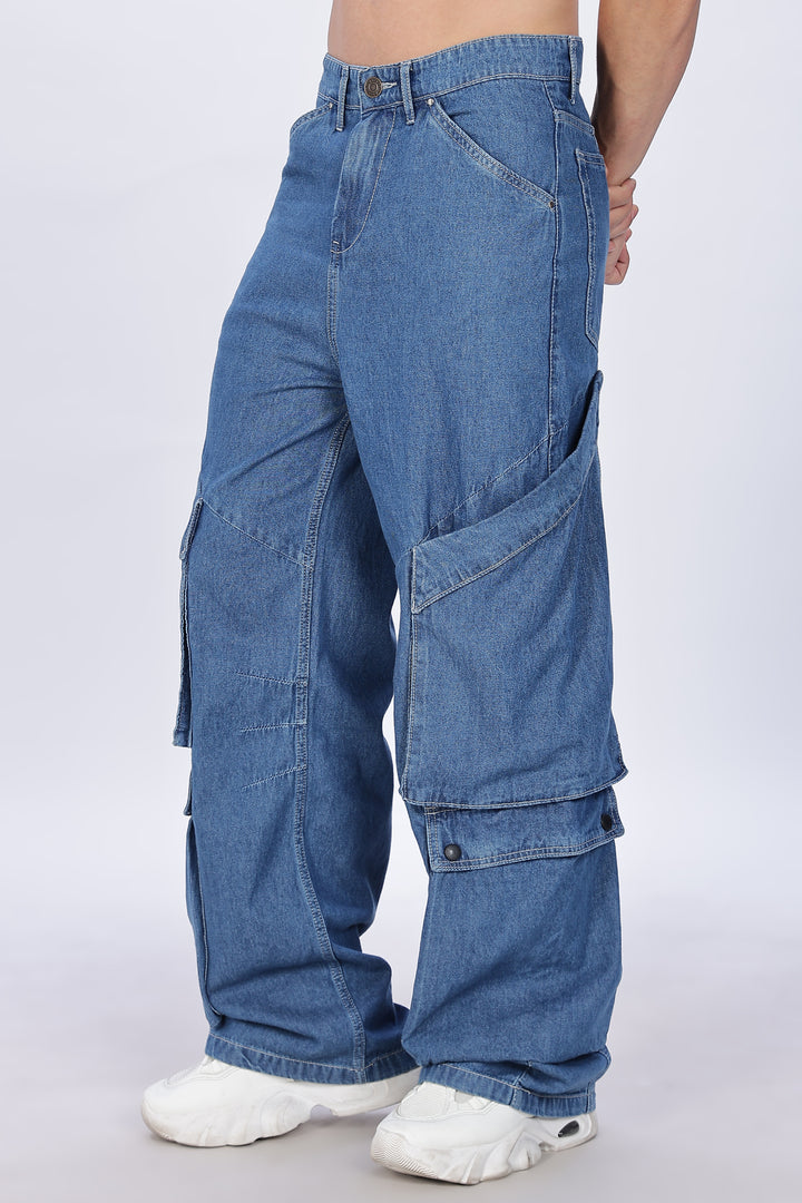 Super Baggy: Big Pockets Blue Denim Cargo Pants