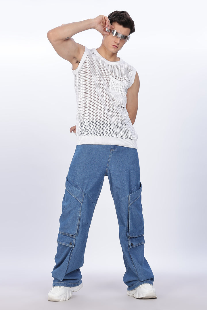 Super Baggy: Big Pockets Blue Denim Cargo Pants