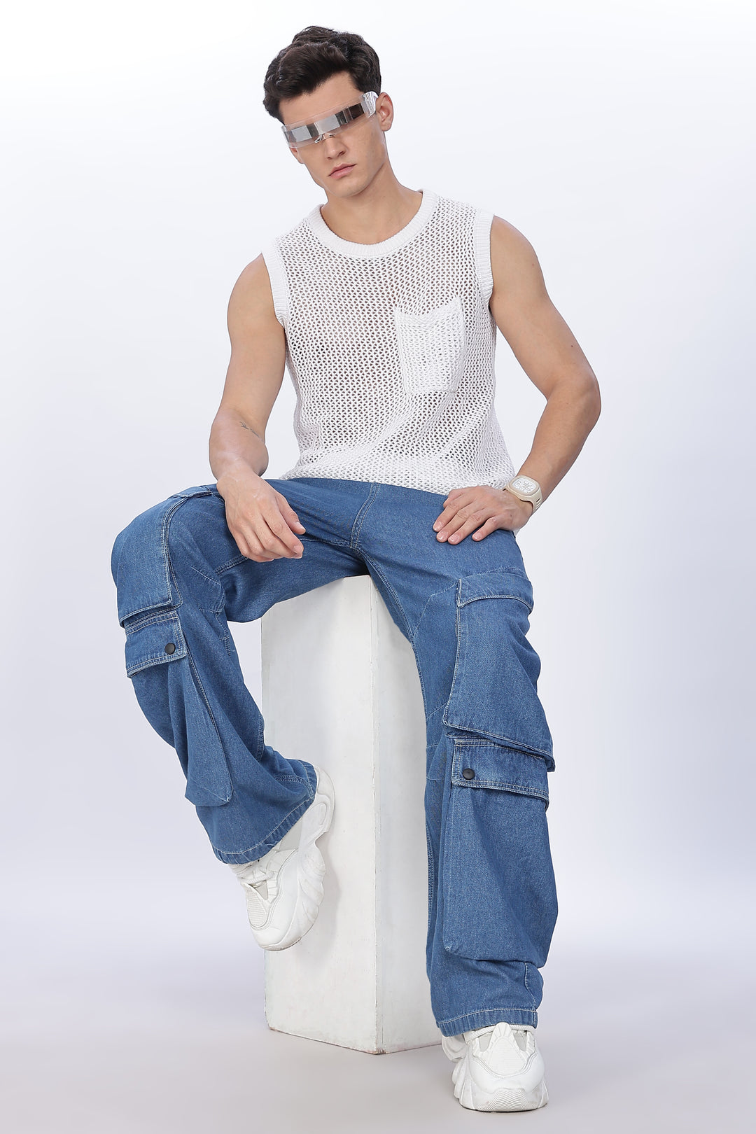 Super Baggy: Big Pockets Blue Denim Cargo Pants