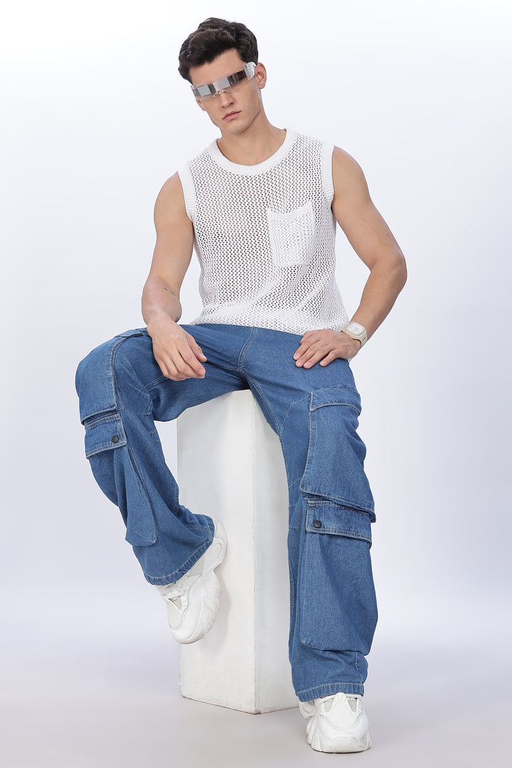 Super Baggy: Big Pockets Blue Denim Cargo Pants