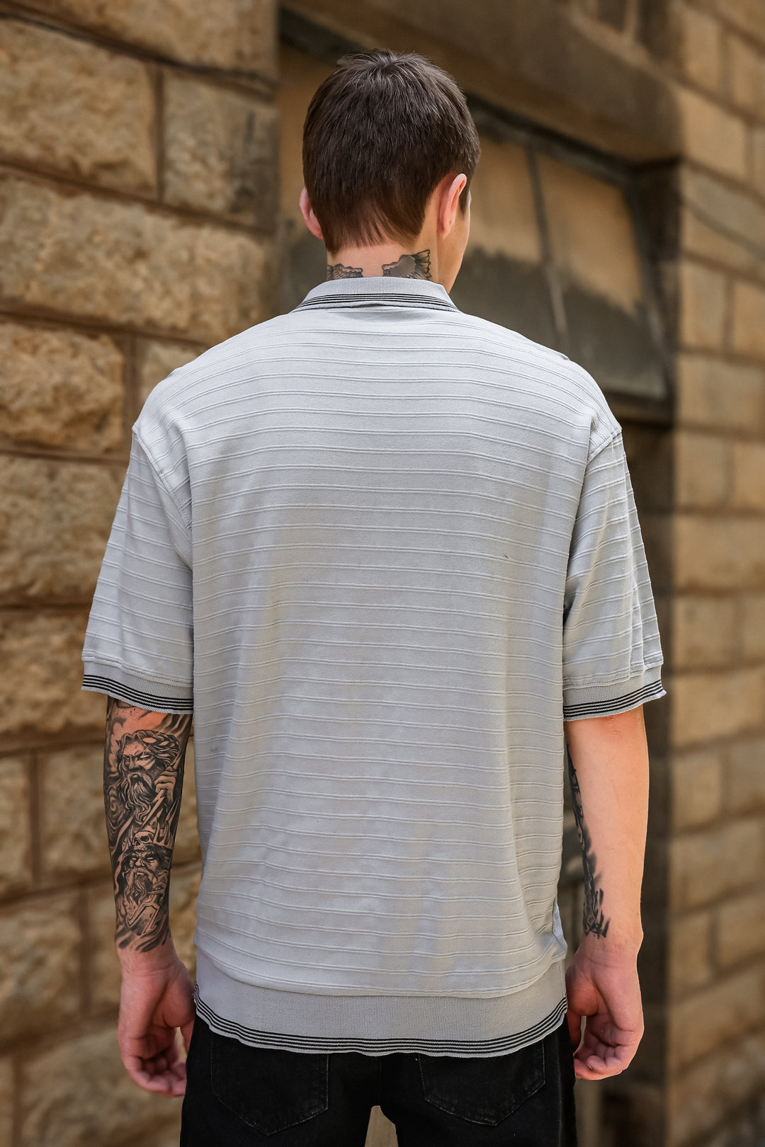 Textured Fabric Grey Oversized Polo Shirt