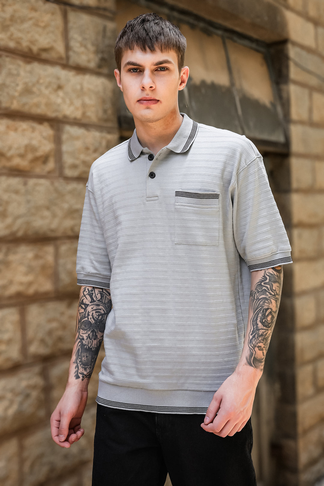 Textured Fabric Grey Oversized Polo Shirt