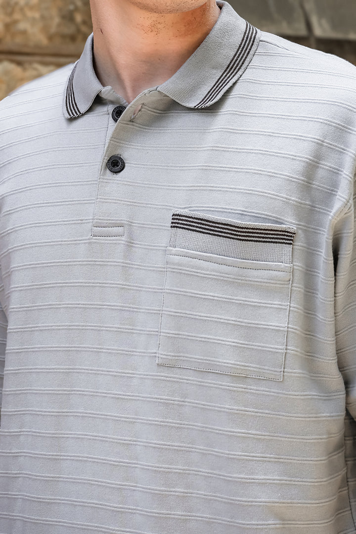Textured Fabric Grey Oversized Polo Shirt