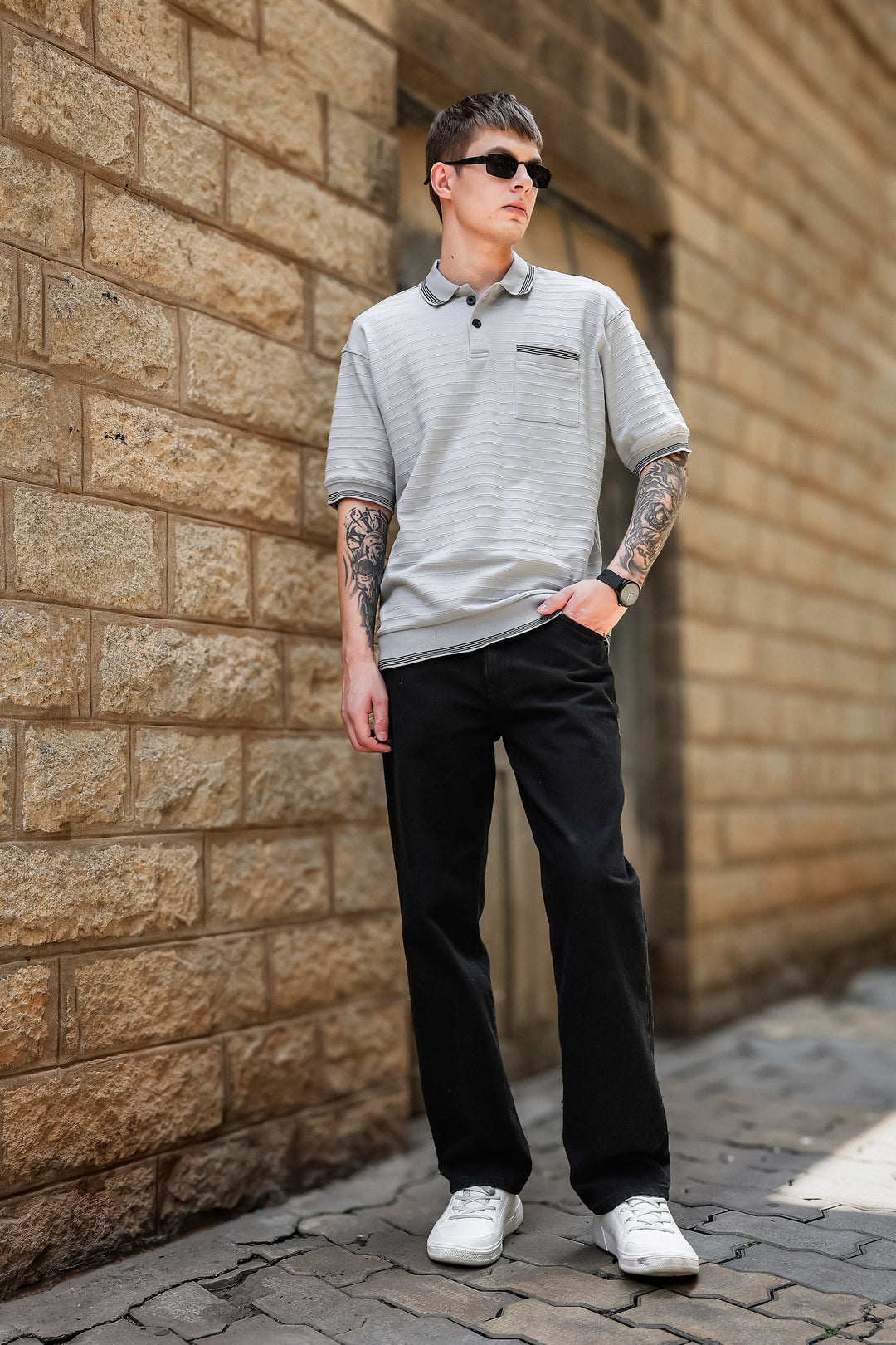 Textured Fabric Grey Oversized Polo Shirt