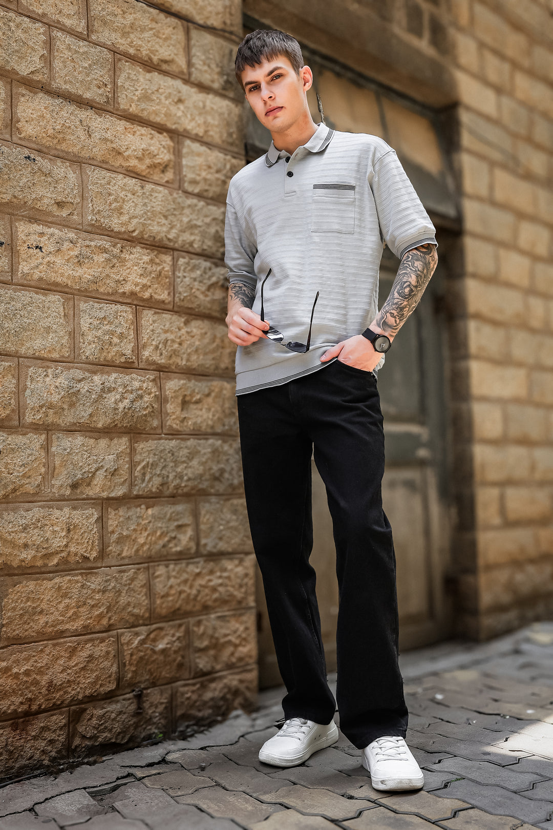 Textured Fabric Grey Oversized Polo Shirt