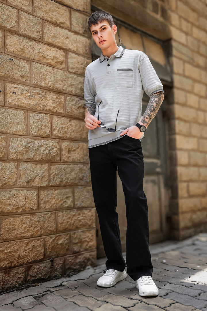 Textured Fabric Grey Oversized Polo Shirt