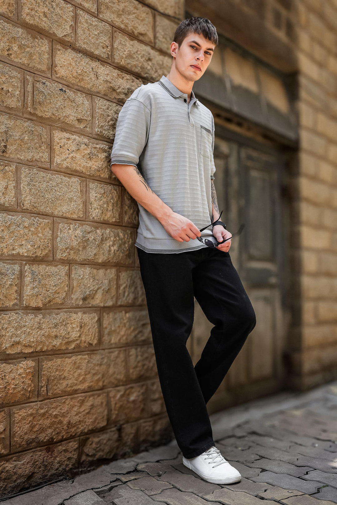 Textured Fabric Grey Oversized Polo Shirt