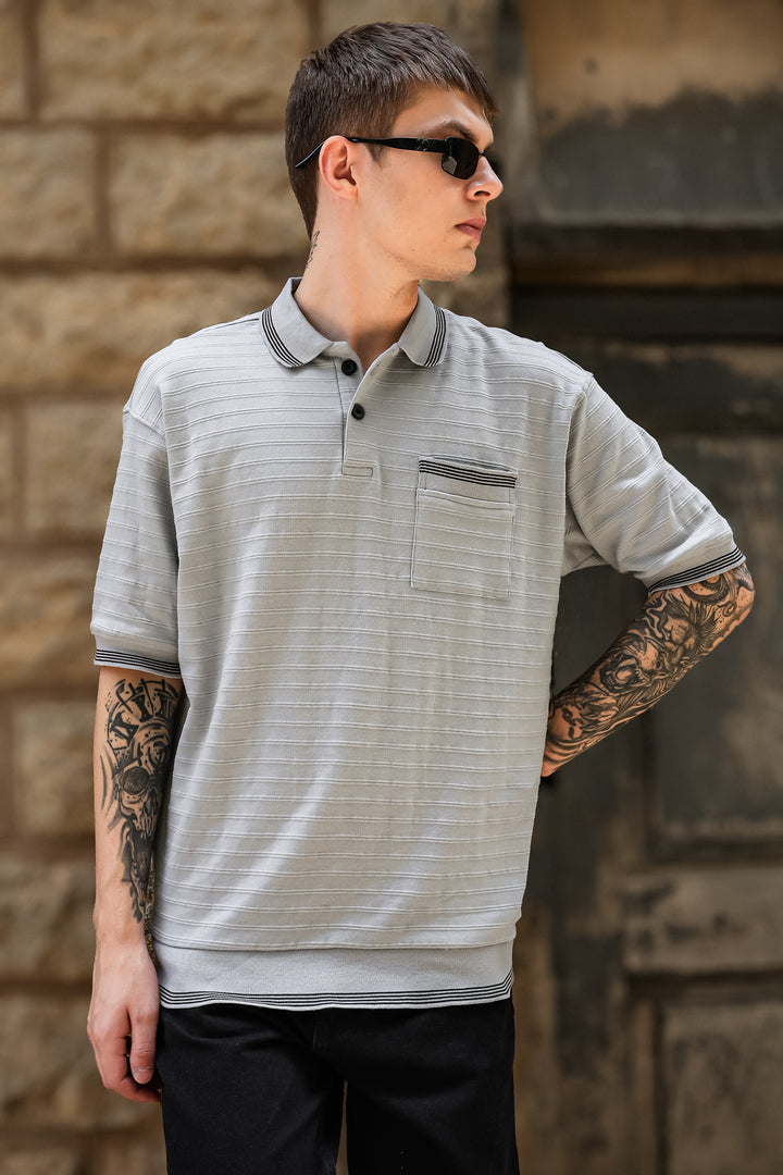 Textured Fabric Grey Oversized Polo Shirt