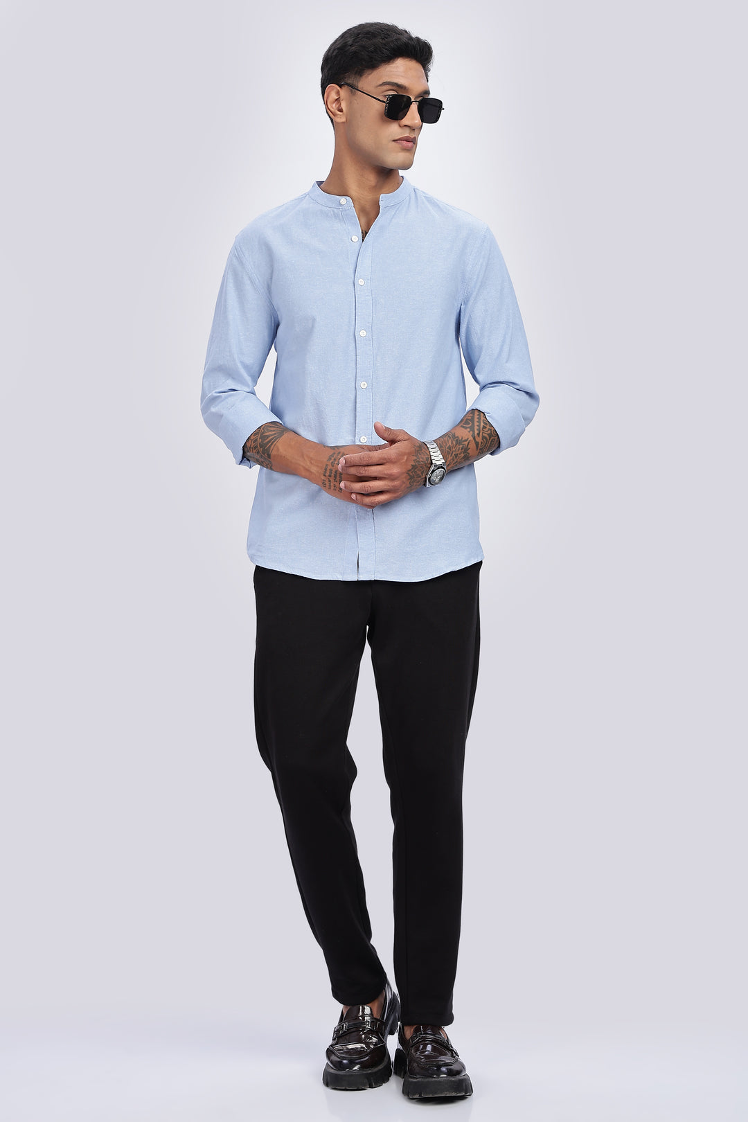 Mandarin Collar Light Blue Shirt